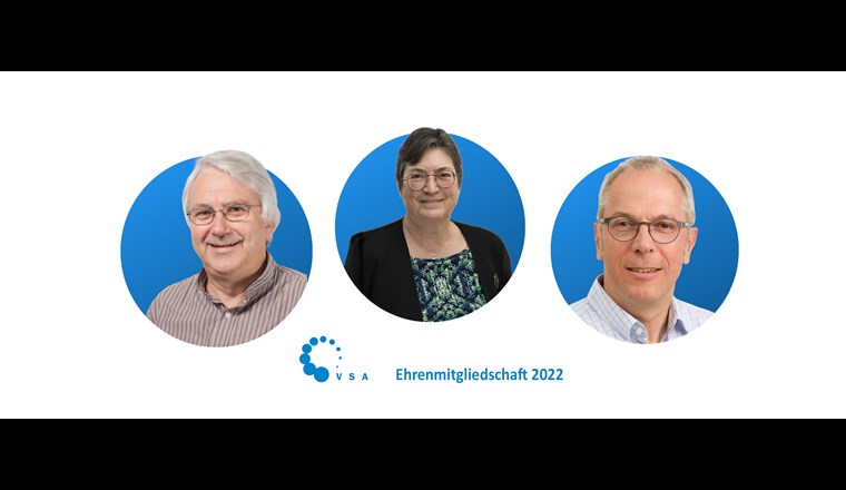 Ehrenmitglieder VSA:  Prof. Dr. Alfred Johny Wüest, bis 2021 Mitglied der Eawag-Direktion, Prof. Dr. Janet Hering, Direktorin der Eawag sowie  Prof. Dr. Rik Eggen, Stv. Direktor der Eawag