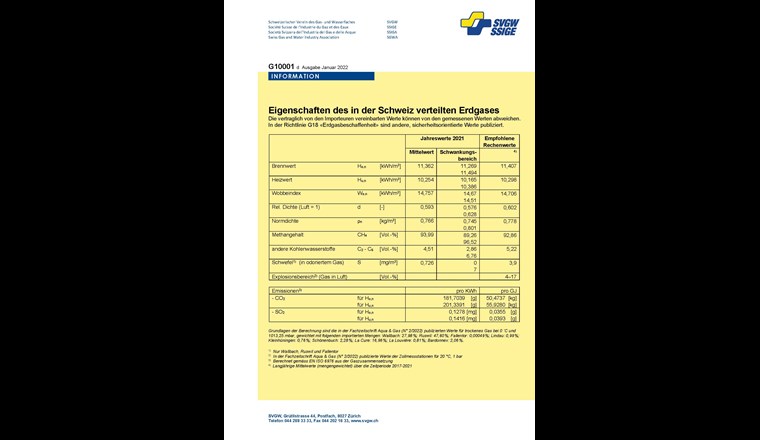 Die wichtigsten Erdgas-Eigenschaften wie Heiz- und Brennwert oder Methangehalt sind in der
Fachinformation G10001 gelistet. (Ank)