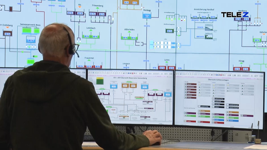 In der Steuerzentrale im Hardhof wird das Wasserversorgungsnetz der Stadt Zürich rund um die Uhr überwacht. (© «Unser Wasser»/TeleZ)