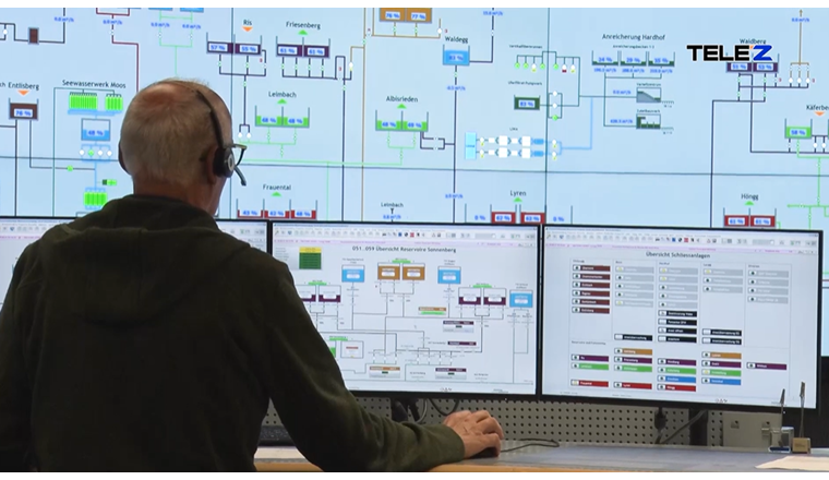 In der Steuerzentrale im Hardhof wird das Wasserversorgungsnetz der Stadt Zürich rund um die Uhr überwacht. (© «Unser Wasser»/TeleZ)