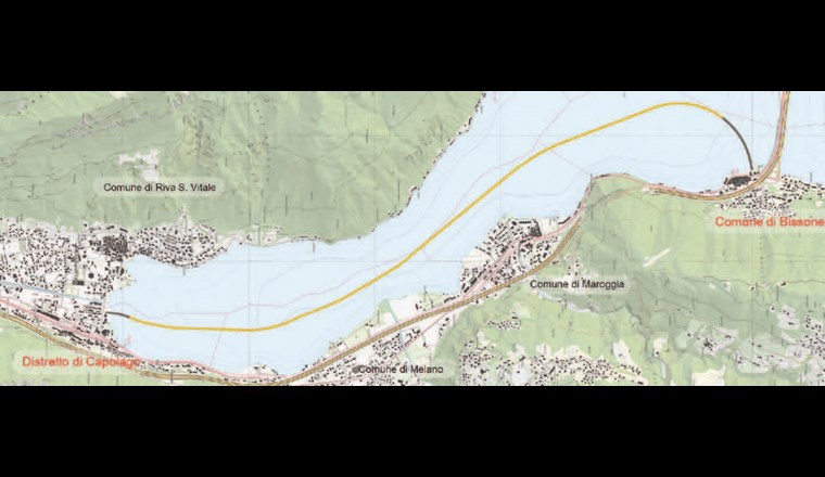 Verlauf der neuen Erdgas-Seeleitung im Luganersee. Gelb: auf dem Seegrund; grau: eingegraben zum Schutz vor äusseren Einflüssen.