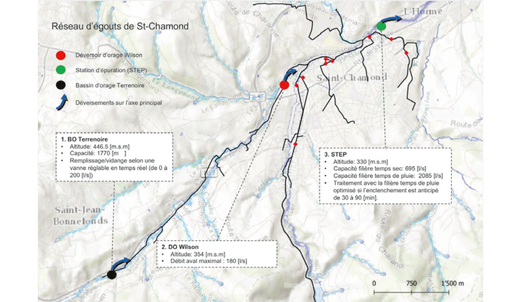 Fig. 1 Réseau d’égout de St-Chamond et ses trois ouvrages sur l’axe principal.