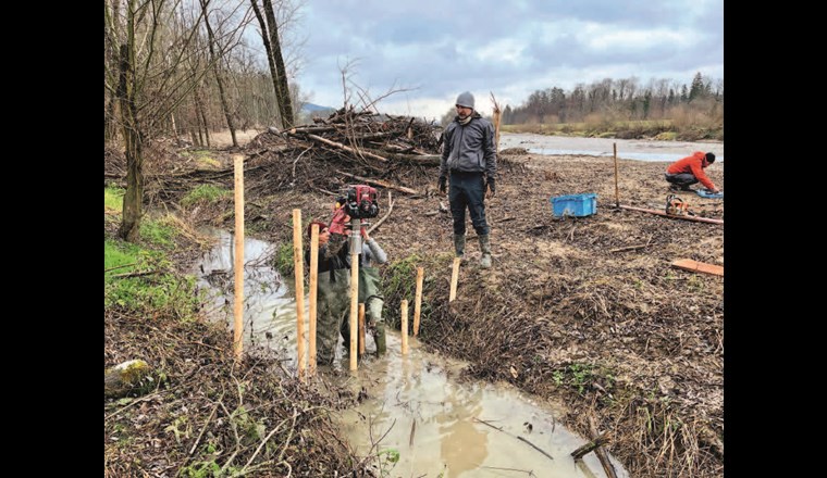 Fig. 9a Der Bau von BDA erfordert i. d. R. nur einfache Werkzeuge und Baumaterialien. Üblicherweise wird zuerst ein Grundgerüst aus Holzpfählen erstellt. Lage, Höhe, Breite und Verankerung der BDA sind auf die Projektanforderungen abzustimmen (vgl. Kap. «Planungsgrundsätze»). (©S. Minnig)
