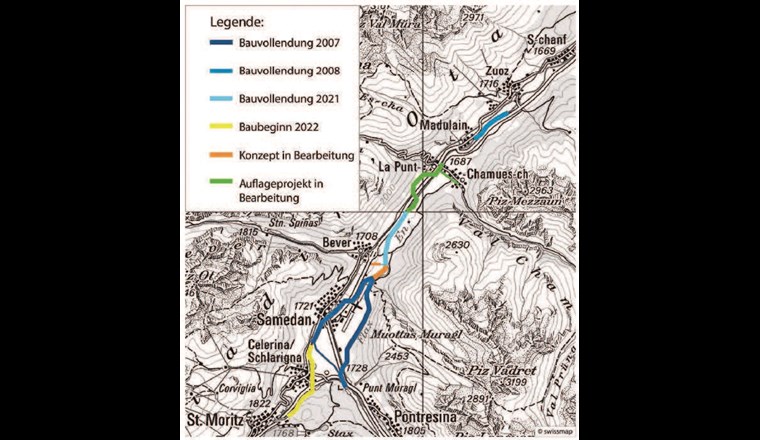 Übersicht Revitalisierungsetappen am Inn im Oberengadin. (Quelle: ecowert Gmbh)