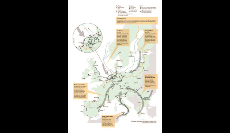 Fig. 1 Als Grundlage für den Aufbau eines europäischen Wasserstoff-Backbone und damit eines europäischen Wasserstoffmarktes werden bis zu fünf paneuropäische Versorgungs- und Importkorridore in Aussicht gestellt. (©EHB)