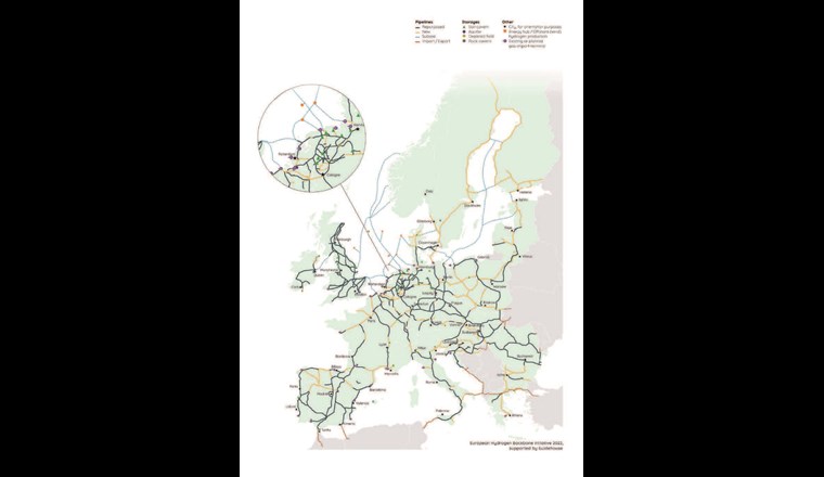 Fig. 2 Der im EHB-Bericht 2022 vorgeschlagene Backbone weist im Jahr 2040 eine Gesamtlänge von fast 53 000 km auf, die zu etwa 60% aus umgerüsteter bestehender Infrastruktur und zu 40% aus neuen Wasserstoffleitungen besteht. (©EHB)