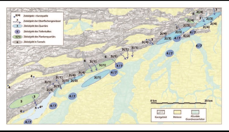 Fig. 5 Lage der 53 identifizierten Zielobjekte im Untersuchungsperimeter. Die Nummern beziehen sich auf die Nutzungsszenarien der Tabelle 2. (Hintergrund aus Swisstopo, map.geo.admin)