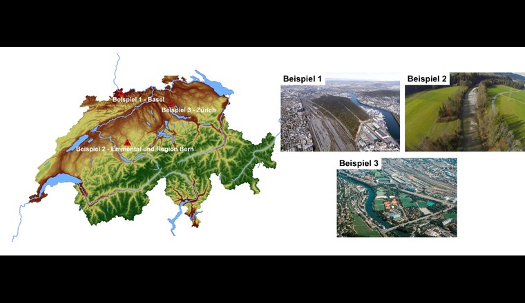 Lage der ausgewählten Fallbeispiele mit Luftaufnahmen der Wasserversorgung und Umgebung.