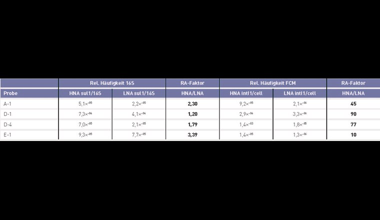 Tab. 3 Relative Häufigkeit von sul1 in der LNA- und HNA-Fraktion von Proben, für die das Gen in beiden Fraktionen quantifizierbar war. Die Kolonnen RA-Faktor bilden ihr Verhältnis ab.