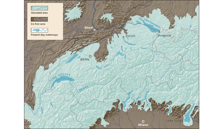 Fig. 1 Rekonstruktion der Eisflächenausdehnung während des Höhepunkts der letzten Eiszeit vor 26 000 bis 20 000 Jahren. Alle heutigen grossen Seen waren von Gletschern bedeckt.
(Grafik angepasst aus der Publikation: Geologische Bundesanstalt [Hrsg.] [2013]: Der Alpenraum zum Höhepunkt der letzten Eiszeit – Posterkarte. Geologische Bundesanstalt, Wien)