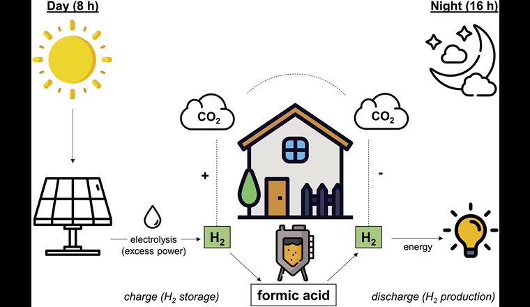 Während des Tages wird mithilfe einer Solaranlage Strom erzeugt, der dann die Hydrolyse von Wasser antreibt. Der so erzeugte Wasserstoff wird von speziellen Bakterien an CO2 gebunden, wodurch Ameisensäure gebildet wird. Diese Reaktion ist frei reversibel, und die Richtung der Reaktion wird nur durch die Konzentration der Ausgangsstoffe und Endprodukte gesteuert. Während der Nacht sinkt die Wasserstoffkonzentration im Bioreaktor und die Bakterien beginnen, den Wasserstoff aus Ameisensäure wieder freizusetzen. Der freigesetzte Wasserstoff kann dann als Energiequelle genutzt werden.				             (© Goethe Universität)