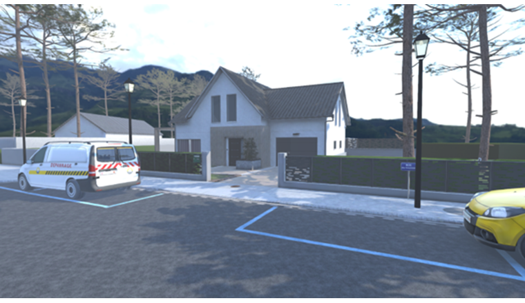 Fig. 1 Vue sur le véhicule SIG et la villa modélisée dans EDGAR VR.