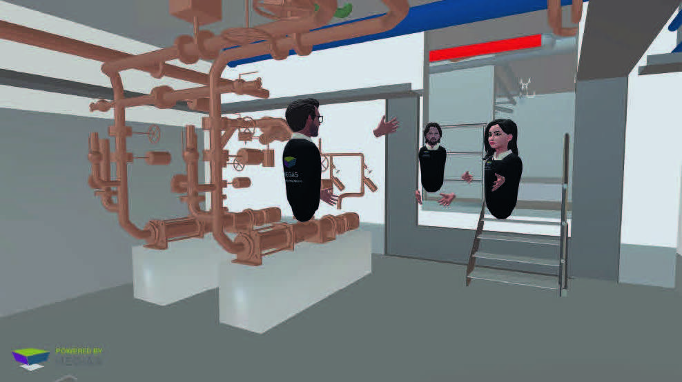 Fig. 1 Ein virtueller Rundgang durch das Modell durch die VR-Brille betrachtet. Die anderen User sind als «Avatare» sichtbar.