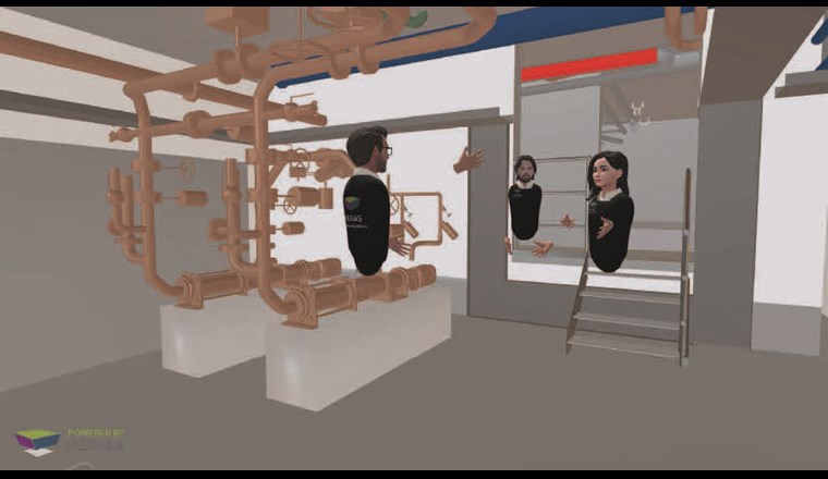 Fig. 1 Ein virtueller Rundgang durch das Modell durch die VR-Brille betrachtet. Die anderen User sind als «Avatare» sichtbar.