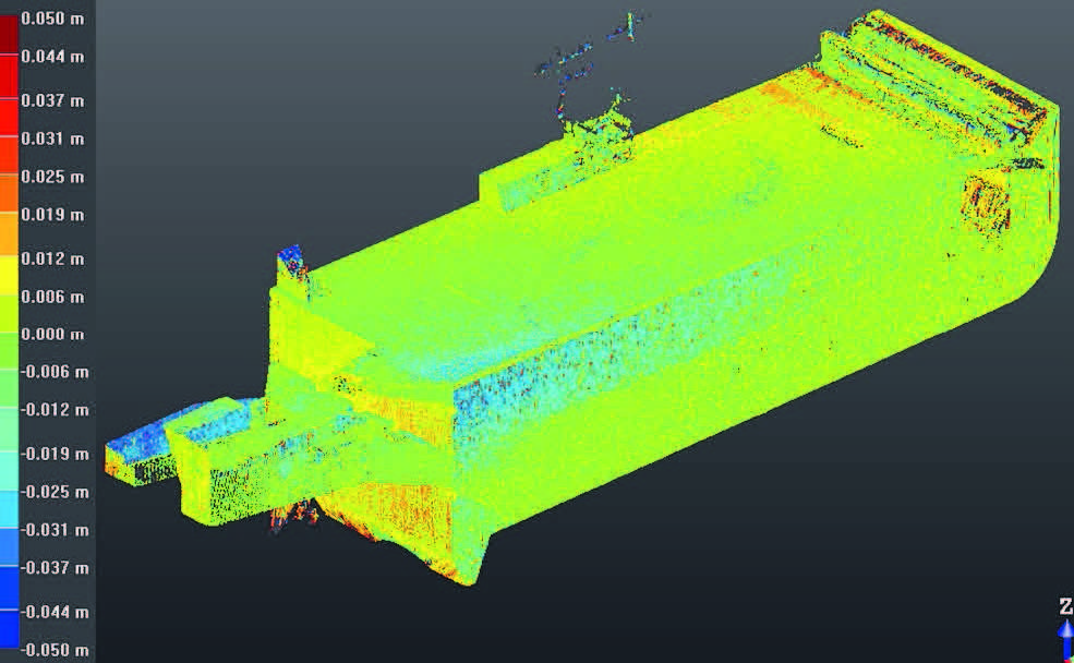 Darstellung der Differenz zwischen Erfassung mit stationärem und tragbarem Laserscanner im Regenbecken Untereulen.