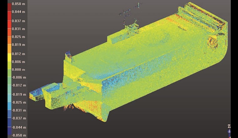 Darstellung der Differenz zwischen Erfassung mit stationärem und tragbarem Laserscanner im Regenbecken Untereulen.