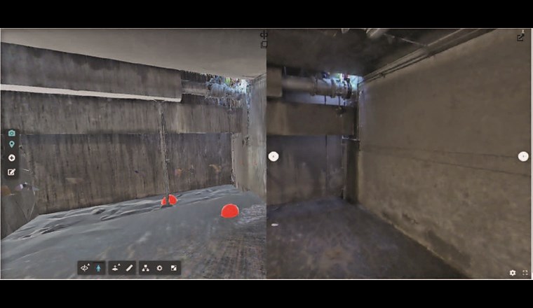 Synchrone Darstellung von Mesh (Aufnahme mit mobilem Laserscanner) auf der linken Seite und 360°-Bild auf der rechten Seite.