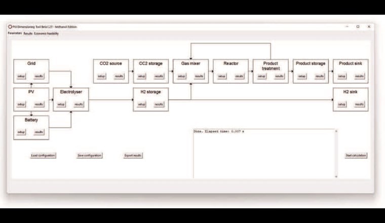 Fig. 3 Im PtX-Tool sind die Komponenten einer PtX-Anlage von den Quellen über Speicher und Prozesse bis zu den Senken übersichtlich parametrisierbar. Kurze Berechnungszeiten ermöglichen schnelle Vergleiche zwischen unterschiedlichen Auslegungen.