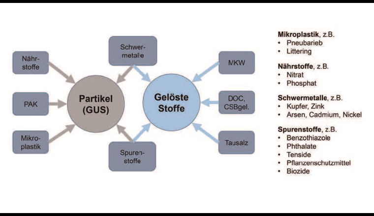 Spektrum an Schadstoffen im Strassenabwasser, die als Partikel, an Partikeln gebunden oder 
im Wasser gelöst vorliegen können [9].