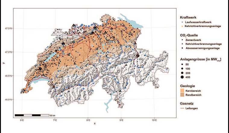 Fig. 4 Will man einen Porenspeicher mit Geomethanisierung bauen, braucht man eine geeignete Geologie. Bei der Standortwahl für einen solchen Gasspeicher sind aber weitere Gesichtspunkte zu berücksichtigen: Vorteilhaft wären aus technischen und regulatorischen Gründen Standorte in der Nähe von Laufwasserkraftwerken und Kehrichtverbrennungsanlagen. Günstig wäre ein Standort mit grossen CO2-Quellen in der Nähe, etwa Zementwerke, Abwasserreinigungsanlagen oder Kehrichtverbrennungsanlagen. Wünschbar ist zudem ein Anschluss an das Schweizer Gasnetz, weil das die Möglichkeit eröffnet, das erneuerbare Methan effizient ins Netz einzuspeisen. (© Empa, 2021)