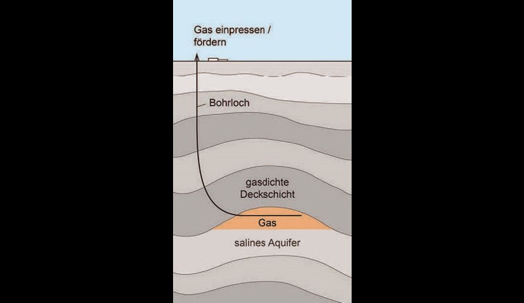 Fig. 6 Poröse Gesteine im Schweizer Untergrund sind stets mit Wasser gefüllt. Gebiete mit Süsswasser sind der Trinkwasserversorgung vorbehalten, daher würde für einen Porenspeicher zur Geomethanisierung voraussichtlich ein poröses Gestein genutzt, das mit Salzwasser gefüllt ist. Ein solches Gestein bezeichnen Geologen als salinen Aquifer. (© Universität Bern)