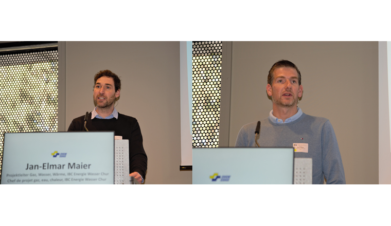 Jan Elmar Maier (IBC Energie Wassre Chur) und Silvan Mathis (Casutt Wyrsch Zwicky AG) berichteten von den konkreten Problemen, denen sie beim Fernwärmeleitungsbau in Chur begegnen - vor allem bei der Beschaffung des Umhüllungsmaterials - und den Lösungen, die gefunden wurden.