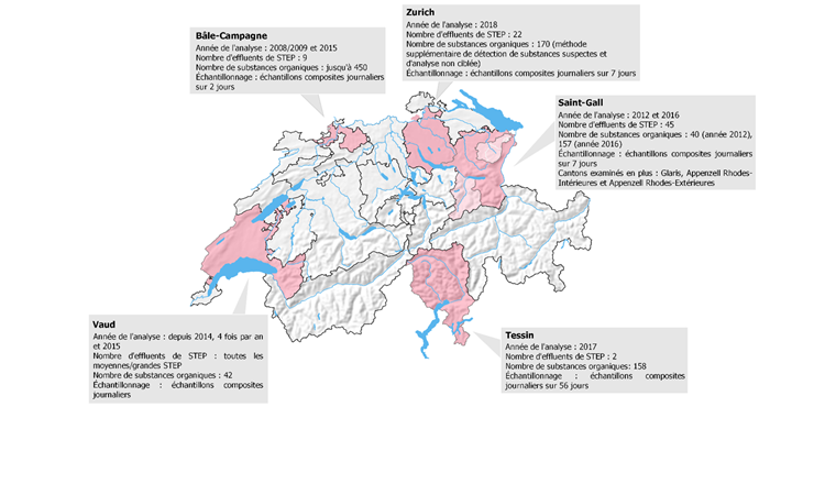 Fig. 5 Aperçu des études sur les effluents de STEP dans différents cantons [14-22].