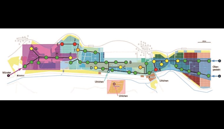 Fig. 7 Mova-Netz mit den vier Teilnetzen Münster (violett), Ulrichen (türkis, rosa) und Obergesteln (blau). Die Wasserqualität bei Sanitärstellen und Mova-Beizen ist mit einem Ampelsystem dargestellt, wobei sich die Ampelfarben aus Ergebnissen zu Wassertemperatur, TZZ, AMK sowie Enterokokken und E. coli zusammensetzen.