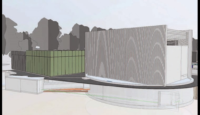 Das neue GAK-Filtergebäude auf der ARA Muri mit Anschluss an den bestehenden Ablaufkanal