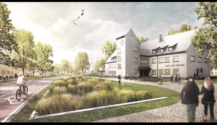 Entwurf des entstehenden Oxford-Quartiers in Münster, NRW. Mit blau-grüner Infrastruktur zur Regenwasserbewirtschaftung wird eine wasserbewusste Stadtentwicklung realisiert, die funktional sichtbar und verständlich ist und gestalterisch das Wasser wieder als Teil des Stadtraumes zeigt.  (© Studio Schultz Granberg, bbz, A. Calitz Visuals)