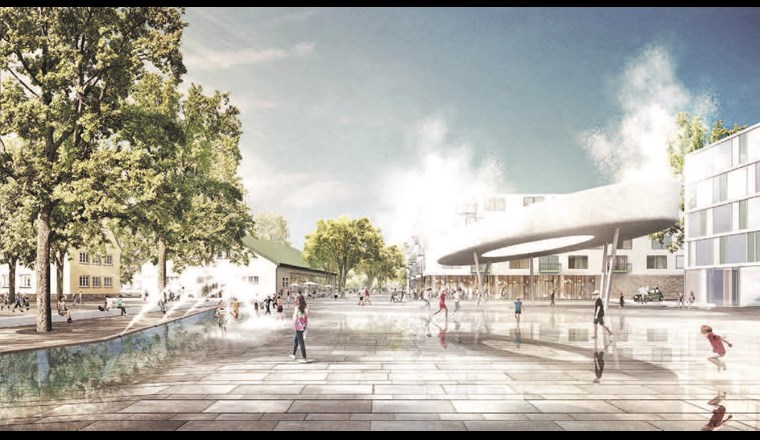 Entwurf des entstehenden Oxford-Quartiers in Münster, NRW. Mit blau-grüner Infrastruktur zur Regenwasserbewirtschaftung wird eine wasserbewusste Stadtentwicklung realisiert, die funktional sichtbar und verständlich ist und gestalterisch das Wasser wieder als Teil des Stadtraumes zeigt.  (© Studio Schultz Granberg, bbz, A. Calitz Visuals)