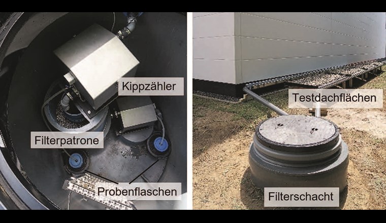 Fig. 3 Pilotfilter zur Regenwasserbehandlung am Standort Berlin. Links: Blick in den geöffneten Schacht, rechts: Aussenansicht des Schachtes mit angeschlossenen Flächen.