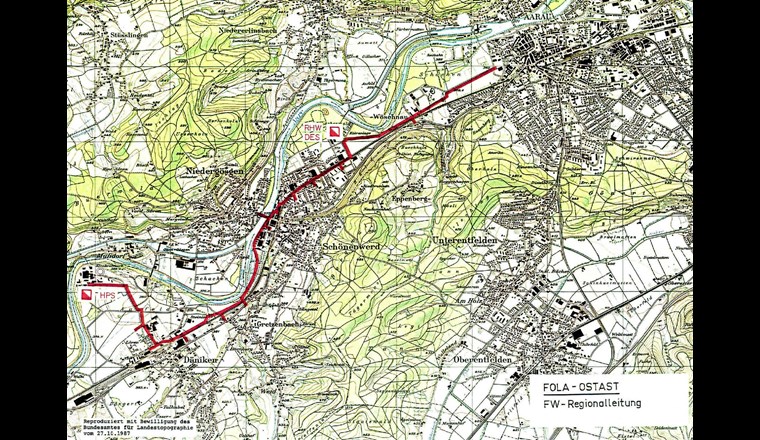 Projekt FOLA: Ost-Ast Wärmeleitung 120 °C vom KKW Gösgen nach Aarau mit Abgängen für die Gemeindeverbunde im Niederamt [2].