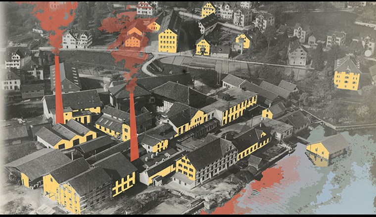 Historisches Foto vom Horn Richterswil am Ufer des Zürichsees. (Bild: ©https://ba.e-pics.ethz.ch/catalog/ETHBIB.Bildarchiv/r/581286, bearbeitet von Water Science Policy)