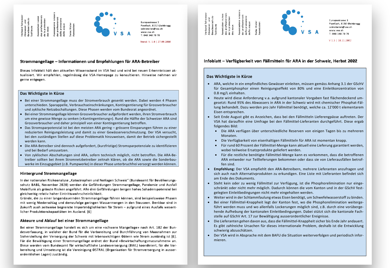 Das CC Abwasserreinigung stellt seit Herbst 2022 die beiden Infoblätter zur Strommangellage und Fällmittelknappheit auf der Website zur Verfügung.