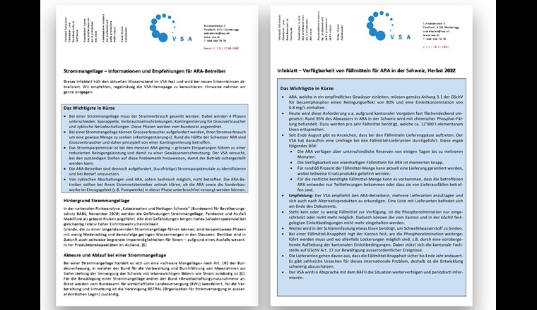 Das CC Abwasserreinigung stellt seit Herbst 2022 die beiden Infoblätter zur Strommangellage und Fällmittelknappheit auf der Website zur Verfügung.