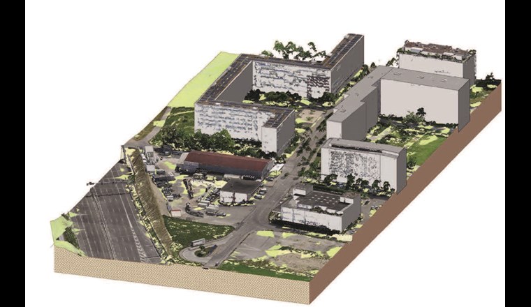 Fig. 1 Bestandsmodell mit Punktewolke (Bildschirmausschnitt Revit).