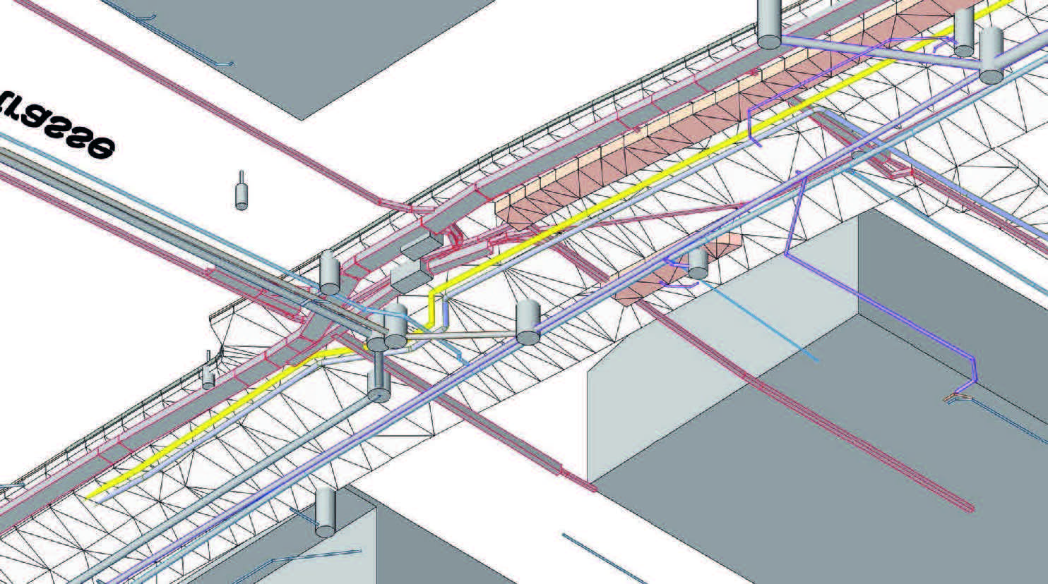 Fig. 3 Modell mit bestehenden und projektierten Werkleitungen. Die Blickrichtung erfolgt von unter der Strasse (Bildschirmausschnitt Revit).