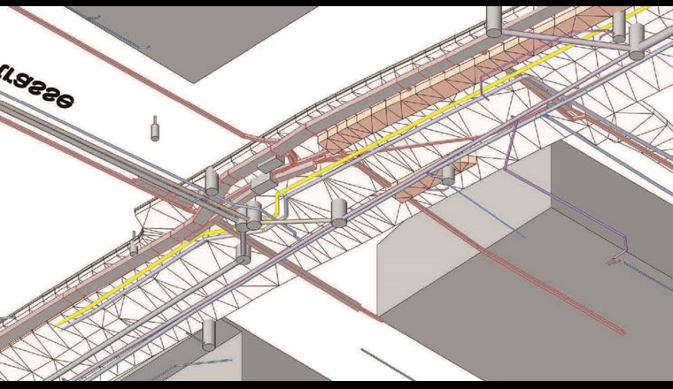 Fig. 3 Modell mit bestehenden und projektierten Werkleitungen. Die Blickrichtung erfolgt von unter der Strasse (Bildschirmausschnitt Revit).