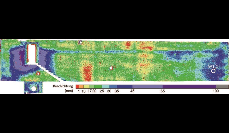 Fig. 5 Ergebnis der 3D-Laserscanauswertung der Schichtdicke in WK1 an der Wand 1.