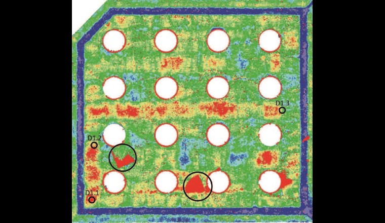 Fig. 6 Erste Auswertung Beschichtungsdicke Decke mit Fehlern (eingekreist).