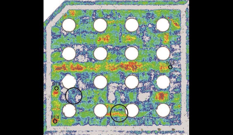 Fig. 7 Zweite Auswertung Beschichtungsdicke Decke ohne Fehler (eingekreist, andere Farbskala).