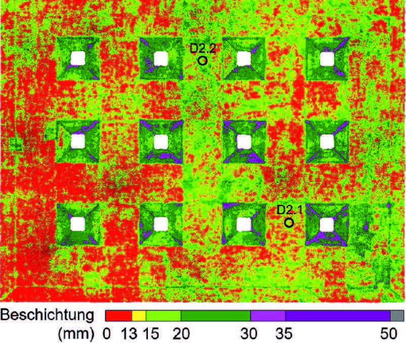Fig. 10 Ergebnis der 3D-Laserscanauswertung der Schichtdicke in WK2 an der Decke.