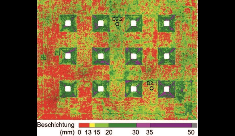 Fig. 10 Ergebnis der 3D-Laserscanauswertung der Schichtdicke in WK2 an der Decke.