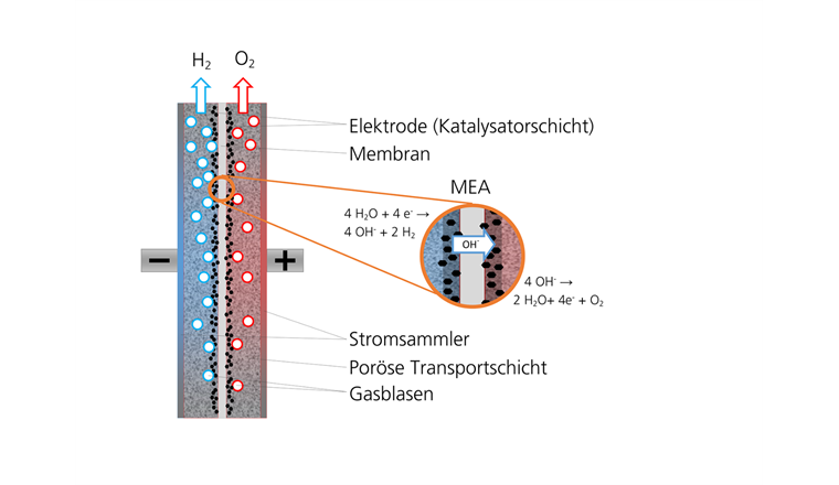 Schema einer AEM-Elektroysezelle: Das Herzstück ist die Membran-Elektroden-Einheit (MEA), die aus der Anionen-leitenden Membran und den unmittelbar verbundenen Elektroden besteht. (Bild: © Fraunhofer IFAM)