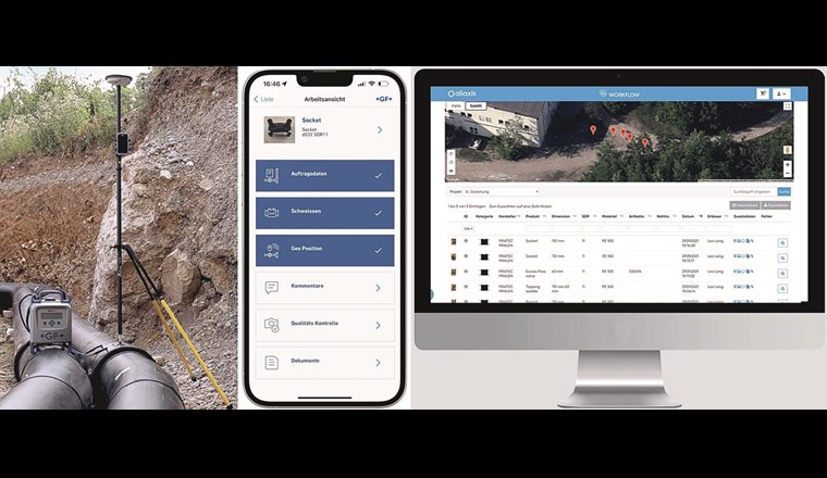 Baustellengerechte Vernetzung von Schweissgerät, Smartphone und GNSS-Antenne.