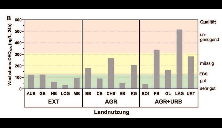 Fig. 3B Ergebnisse des kombinierten Algentests: Diuron-Äquivalenz-Konzentration (DEQ, ng/l) für Wachstumshemmung. Landnutzung: EXT = extensiv; AGR = landwirtschaftlich; AGR+URB = landwirtschaftlich und urban. EBS = Effektbasierter Schwellenwert.