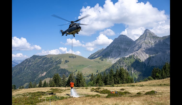 Der trockene Sommer 2022 erfordert den Einsatz der Armee (hier bei Grandvillard/FR). (© VBS, Jonas Kambli, CC BY-NC-ND 3.0)