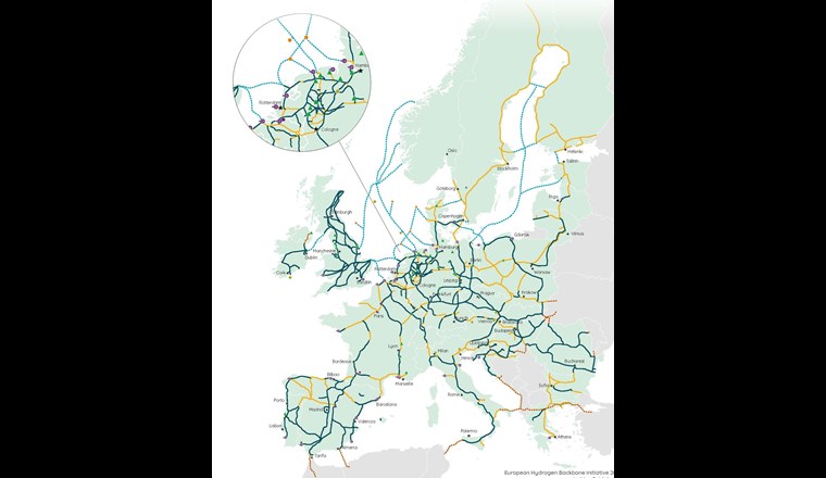 Fig. 3 Zielbild 2040 des europäischen Transportnetzes für Wasserstoff «European Hydrogen Backbone» (Stand Februar 2023).(Quelle: https://ehb.eu/)
