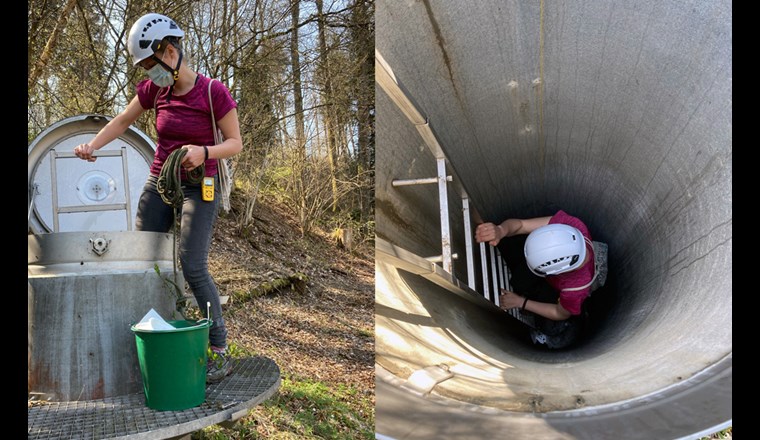 Beprobung der Grundwasserorganismen: Der Zustieg erfolgte über Trinkwasserfassungen, anschliessend wurde eine Umwelt-DNA-Probe aus dem Wasser entnommen. (Fotos: Eawag, Florian Altermatt)